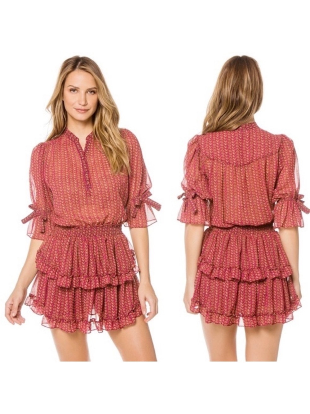 MISA Los Angeles Inge Ruffled Chiffon Mini Dress Red Patterned Size XS